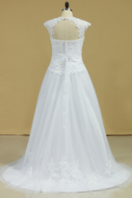 Load image into Gallery viewer, 2022 Open Back A Line Tulle With Applique And Handmade Flower Wedding Dresses Court Train
