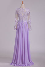 Load image into Gallery viewer, 2024 Scoop Long Sleeves Prom Dresses With Applique And Beads A Line Chiffon