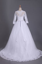 Load image into Gallery viewer, 2024 3/4 Length Sleeve Bateau Wedding Dresses Tulle With Applique Court Train