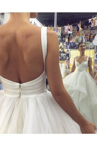 Tulle V Neck Straps Wedding Dresses Long Cheap Prom Dresses Ruffles