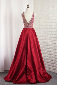 2022 V Neck Satin Prom Dresses A Line With Beading Open Back Sweep Train