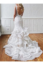 Load image into Gallery viewer, Straps V Neck Mermaid Wedding Dresses Tulle With Applique And Beads