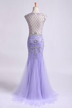 Load image into Gallery viewer, 2024 Terrific Scoop Beaded And Fitted Bodice Mermaid/Trumpet Prom Dress Tulle