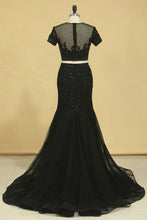 Load image into Gallery viewer, 2022 Black Two Pieces Scoop Short Sleeves Mermaid Prom Dresses With Beading Tulle