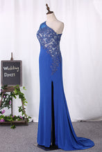 Load image into Gallery viewer, 2022 Mermaid One Shoulder Spandex Prom Dresses With Applique And Slit