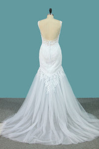 2022 Spaghetti Straps Tulle Mermaid Wedding Dresses With Applique Open Back