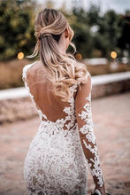 Load image into Gallery viewer, Mermaid Lace Appliques Long Sleeve See-Though Tulle Wedding Dresses, Beach Wedding Gowns