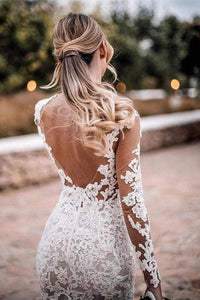 Mermaid Lace Appliques Long Sleeve See-Though Tulle Wedding Dresses, Beach Wedding Gowns