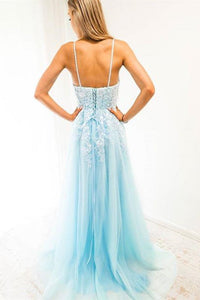 A-Line Spaghetti Strap Long Prom Dress With Appliques