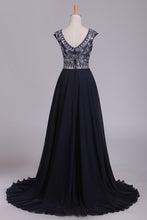 Load image into Gallery viewer, 2024 Prom Dresses Scoop Cap Sleeves A Line Chiffon With Beads Sweep Train
