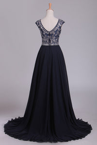 2024 Prom Dresses Scoop Cap Sleeves A Line Chiffon With Beads Sweep Train