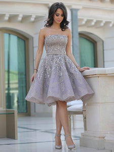 A-Line/Princess Strapless Sleeveless Knee-Length Tulle Ada Lace Homecoming Dresses Dresses