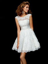 Load image into Gallery viewer, A-Line/Princess V-Neck Victoria Homecoming Dresses Short Sleeves Applique Short Organza