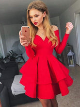 Load image into Gallery viewer, A-Line/Princess Stretch Crepe Off-The-Shoulder Ruffles Long Sleeves Short/Mini Homecoming Dresses Carolyn Dresses